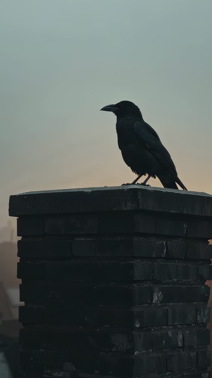 Vertical video: Shifting dark crow turning head on brick chimney at dawn, sun warming horizon