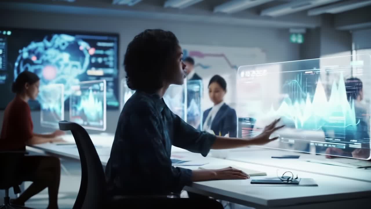 A Dynamic Office Setting Featuring Collaborative Professionals Analyzing Data and Insights Through Advanced Tech Solutions to Enhance Productivity and Innovation