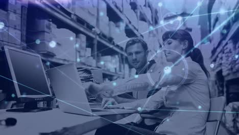 composición del almacén hombre y mujer trabajando en el almacén combinado con animación de c