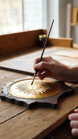 Artist meticulously painting a golden sundial in a workshop