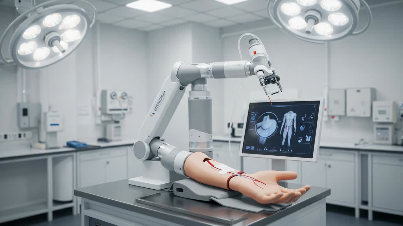 Advanced Surgical Robot Demonstrating Precision and Innovation in Medical Procedures with a Focus on an Anatomical Model in a State-of-the-Art Operating Room