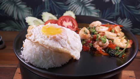 authentic thai cuisine dish with freshly cooked prawns, rice and fried egg with a side of cucumber and tomatoes on a spinning plate