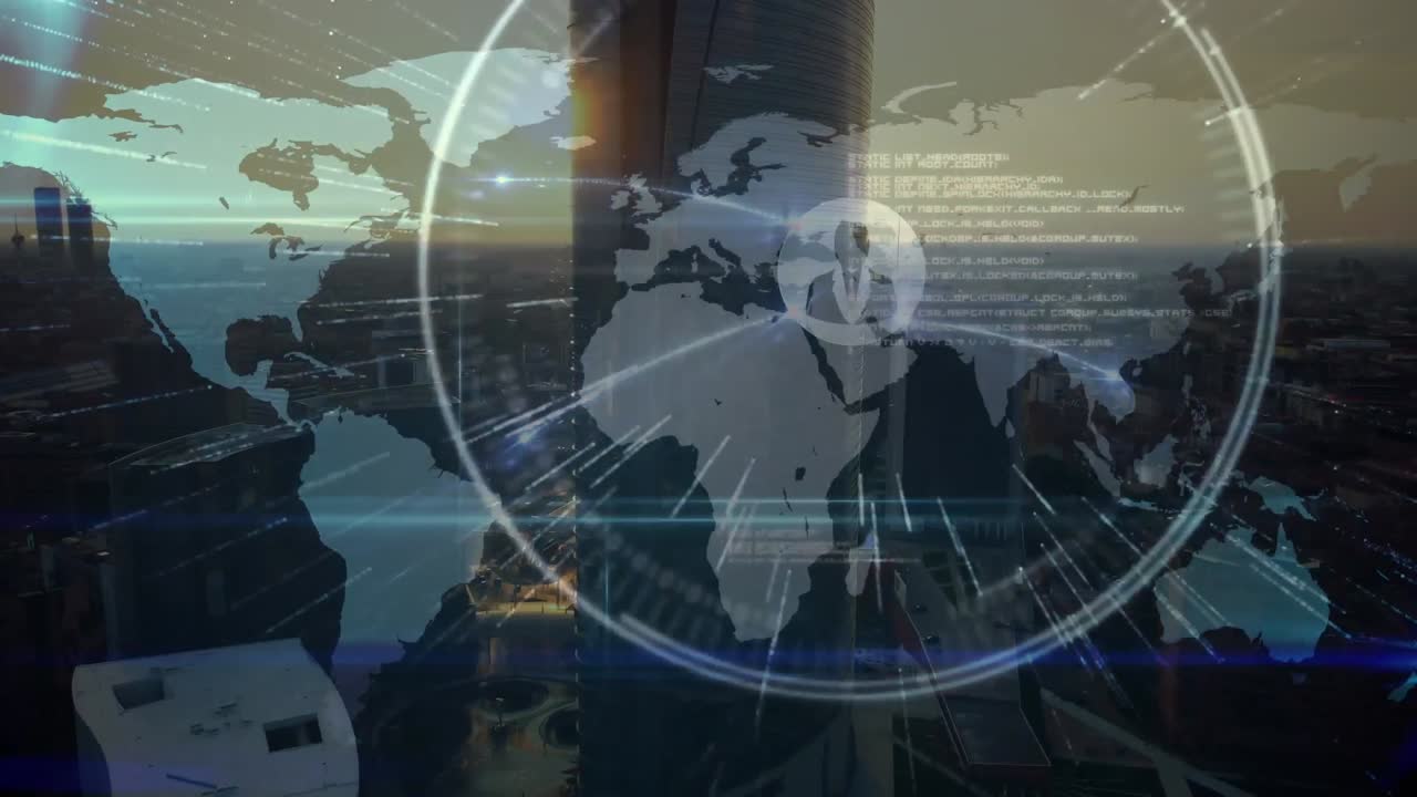 도시 풍경 위의 세계 지도와 연결된 네트워크의 애니메이션