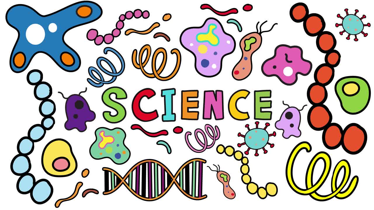 Hand-drawn science lettering animates in, followed by playful biology-themed doodles including DNA, cells, and molecules on a clean white background