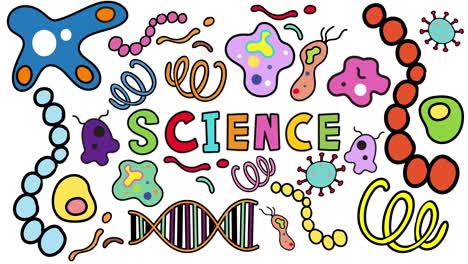 hand-drawn science lettering animates in, followed by playful biology-themed doodles including dna, cells, and molecules on a clean white background