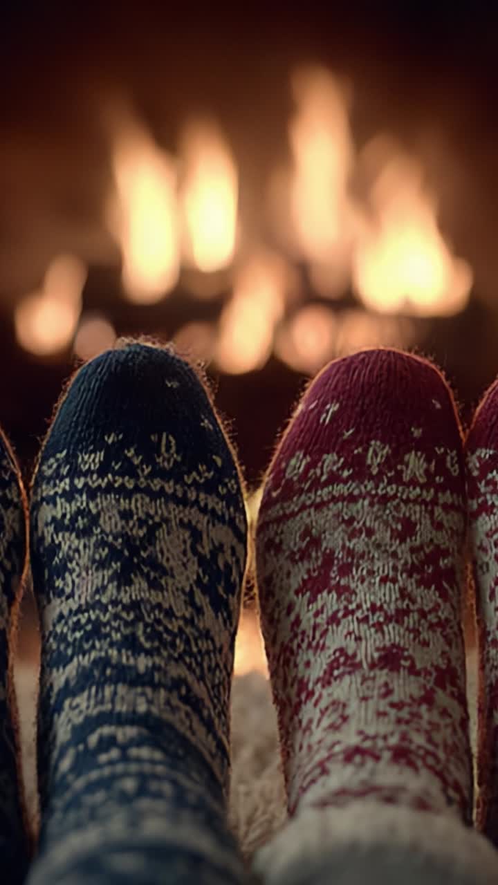 Serata invernale accogliente accanto al camino: un paio di calzini colorati di lana che si rilassano di fronte a un fuoco tremolante e caldo, perfetti per una riunione confortevole