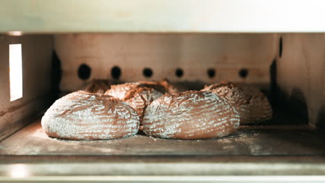 Frisches-Knuspriges-Sauerteigbrot-Im-Ofen,-Brotlaibe-Im-Professionellen-Elektroofen-In-Der-Bäckerei-Backen