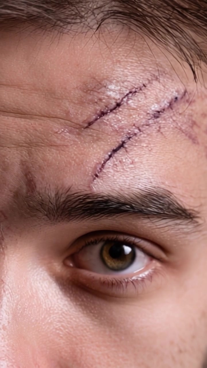 Una vista ravvicinata di cicatrici facciali che evidenzia il processo di guarigione su una fronte, catturando il percorso di recupero attraverso punti di sutura visibili e la texture della pelle