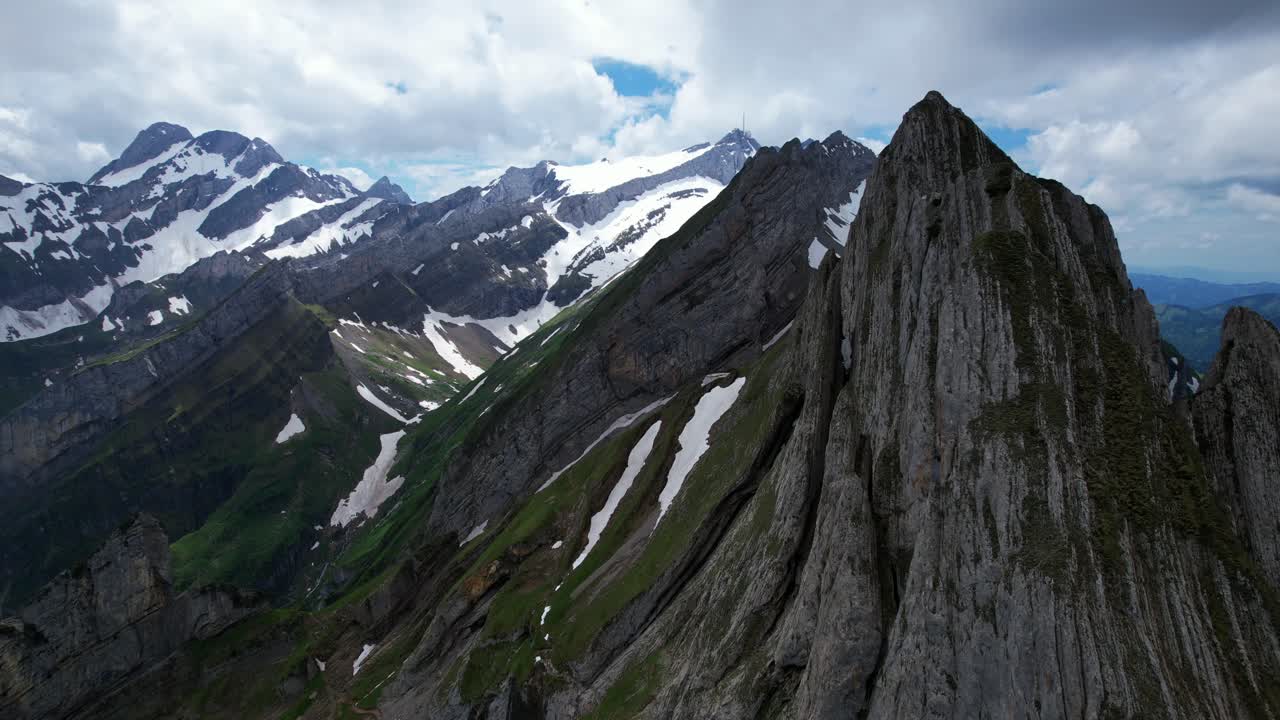 4k Drone Aerial Shot Of Massive Peaks Of Shäfler Ridge In Appenzell Region Of Switzerland