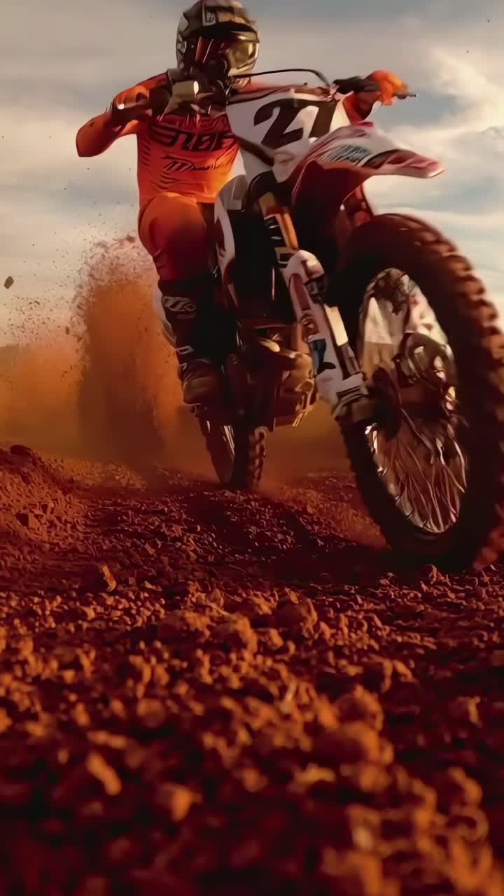 Vídeo em ângulo baixo de um piloto de motocross em uma pista de terra, capturando movimento dinâmico e nuvens de poeira.
