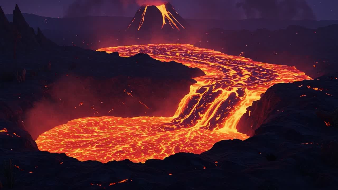 Erupting Volcano: A Captivating View of Flowing Lava and Molten Rock in a Stunning Landscape of Fire and Geothermal Activity
