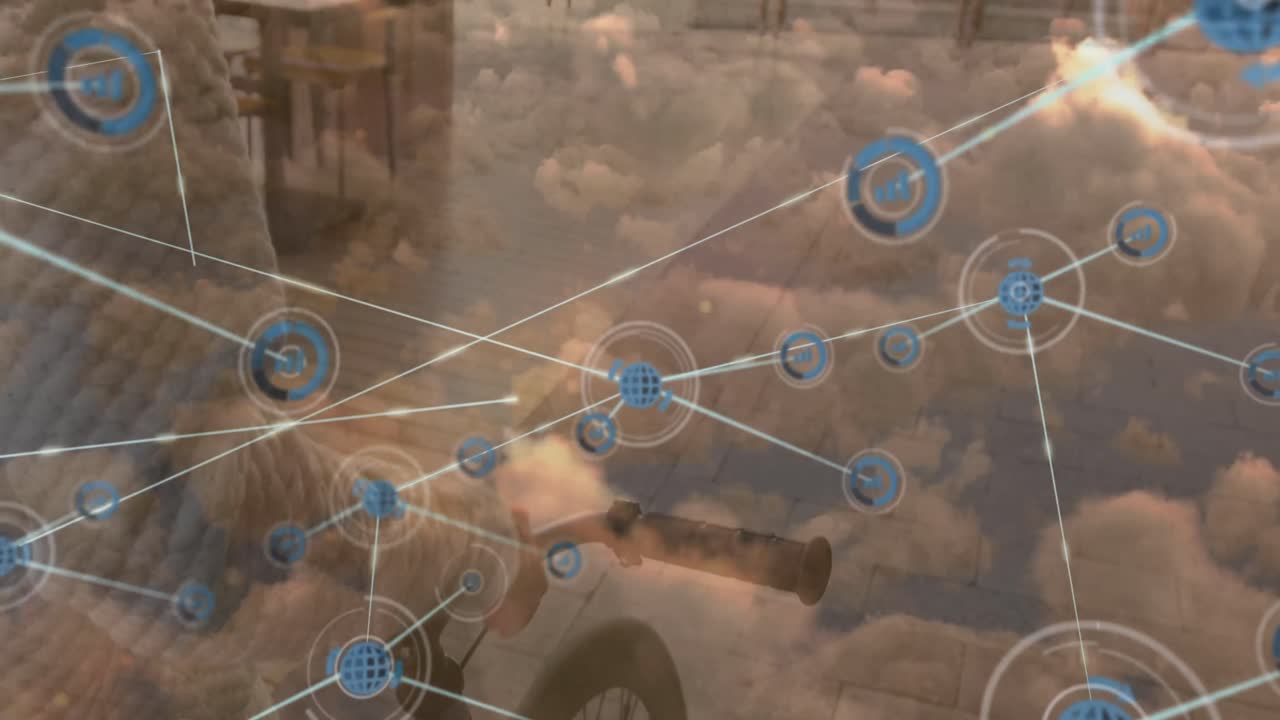 animación de la red de conexiones y el cielo con nubes sobre hombre afroamericano montando bicicleta