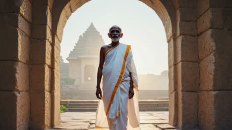Hindu priest traversing ancient stone archway during golden sunrise, wearing traditional attire, sacred temple silhouetted behind, embodying spiritual heritage and cultural journey