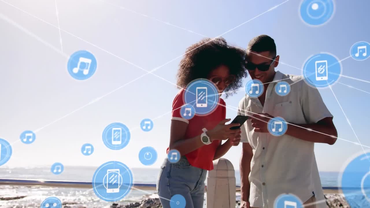 Animation of network of connections over happy couple on the beach