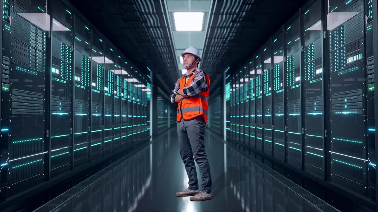Full Body Side View Of Asian Male Engineer With Safety Helmet Crossing His Arms And Looking Around While Standing in Server Room Data Center