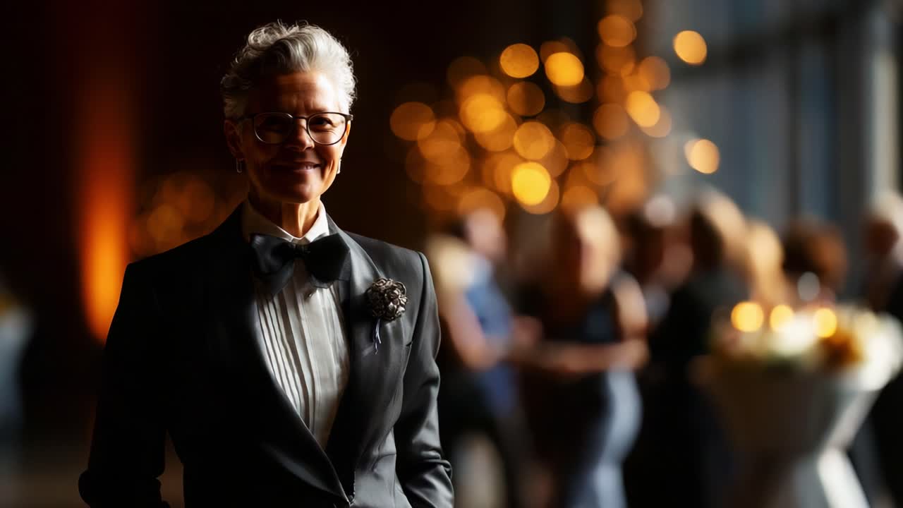 A sophisticated individual stands gracefully at a festive event, exuding confidence and elegance, caught in a moment of reflection amidst the alluring glow of ambient lights