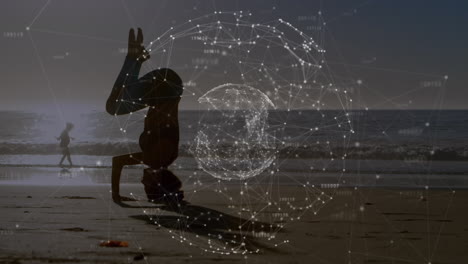 animación de redes de conexiones con el mundo sobre mujer caucásica practicando yoga en la playa
