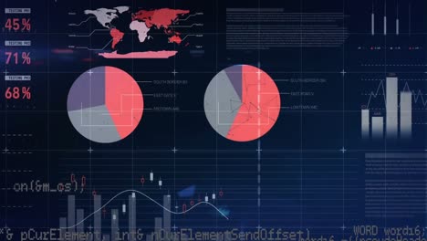 Animation-of-network-of-connections-over-statistical-data-processing-against-blue-background