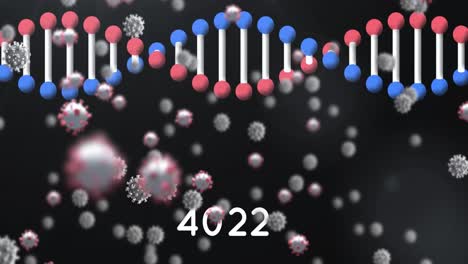 Animation-of-falling-cells-and-dna-strand-on-dark-background