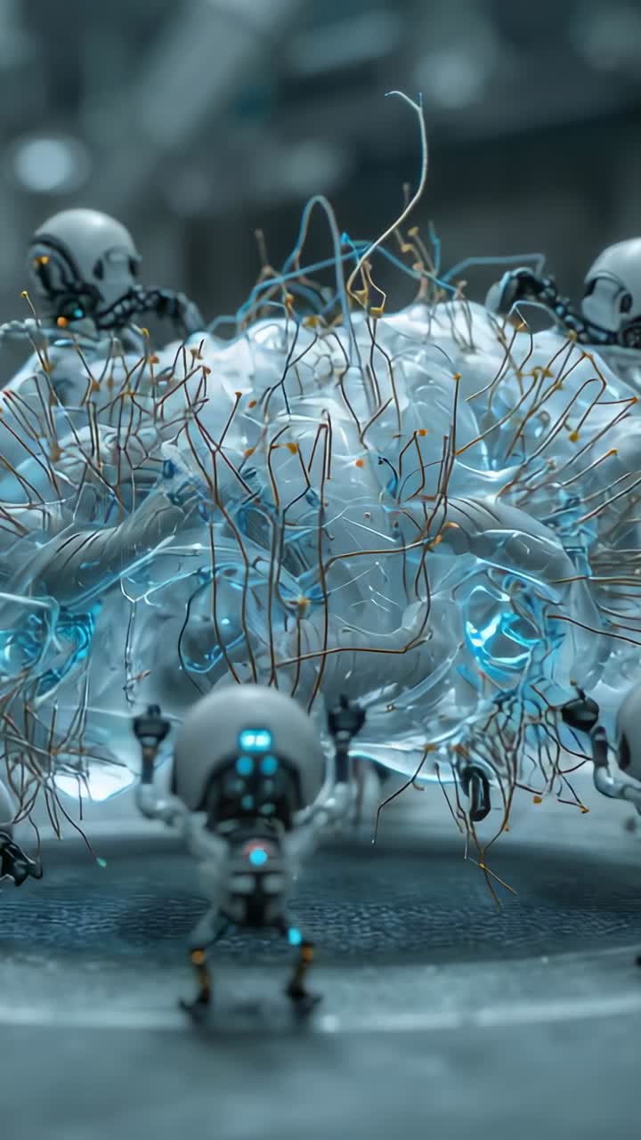 Vertical video: Moving lead robot urging small robots syncing probes with blue brain organ in lab