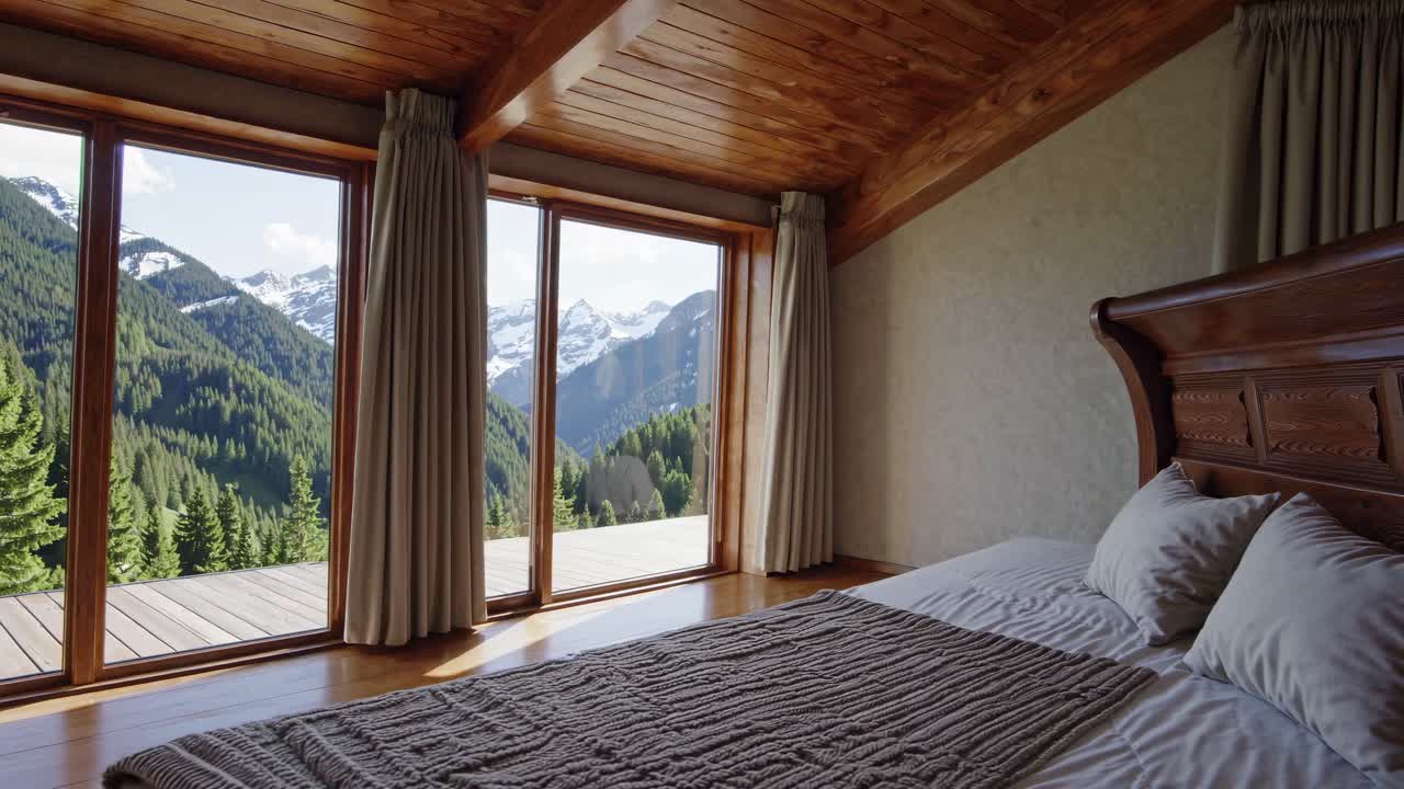 dormitorio con vista a la montaña con decoración de madera