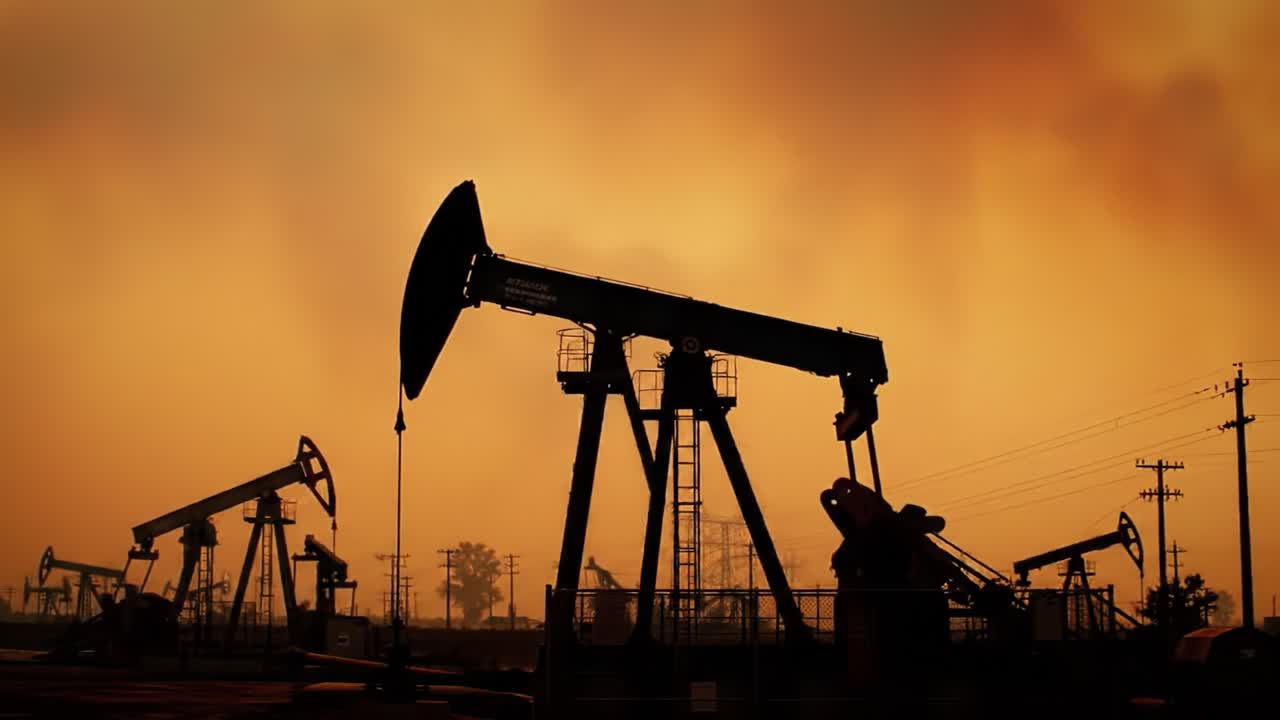 Silhouetted Oil Pumps Against a Dramatic Sunset: Captures the Industrial Essence of Oil Extraction in a Vivid Orange Sky