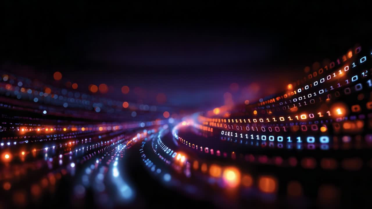 A mesmerizing visual representation of binary data flowing through a vibrant digital landscape, showcasing intricate patterns and a dynamic interplay of lights, colors, and numbers emphasizing the nature of technology and information