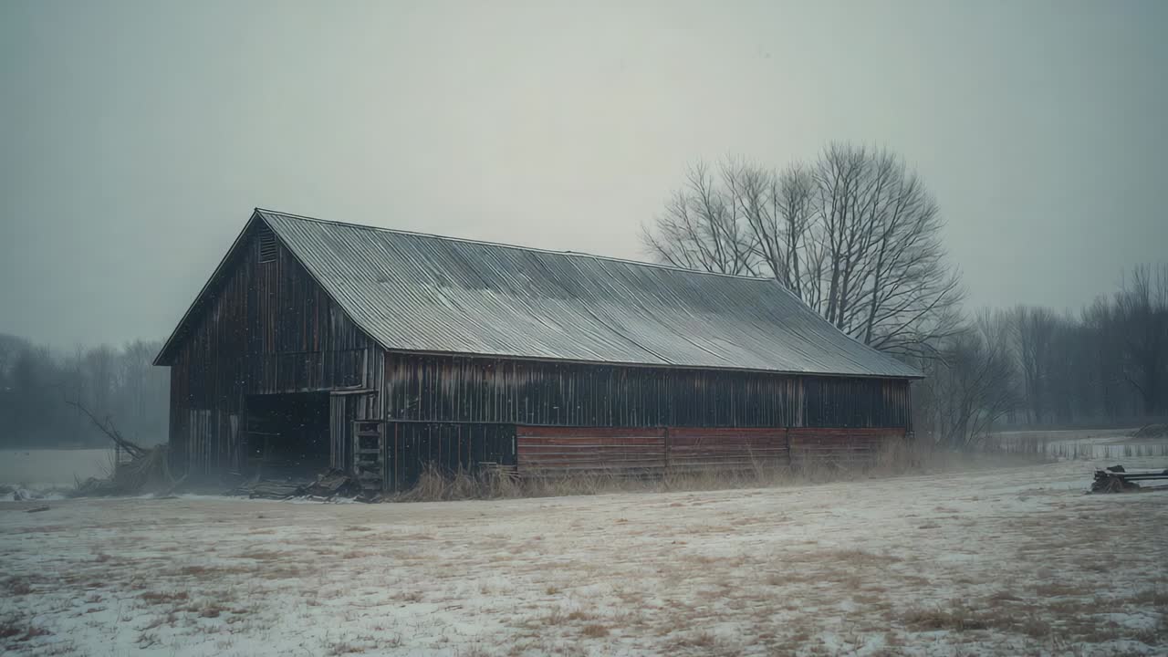 Drifting mist triggered by light snow, shifting then settling around large wooden barn with ladder