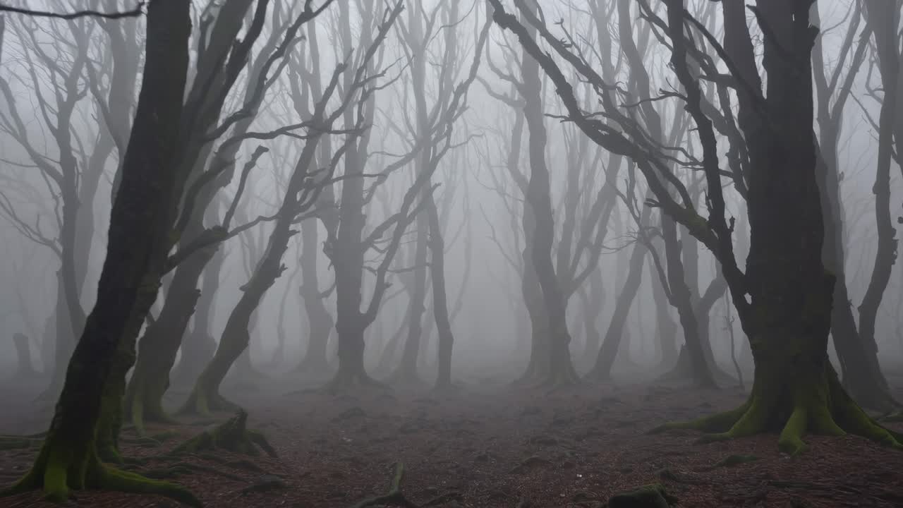 Dense fog is reducing visibility inside a dark and mysterious forest with crooked trees and moss growing on the ground and on tree trunks, creating a spooky atmosphere