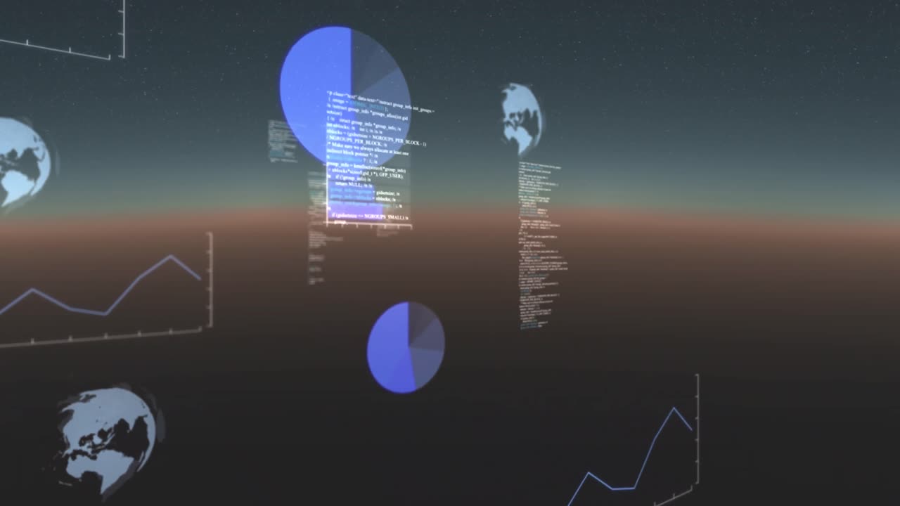 Animation of data processing, globes spinning and statistics recording on gradient background