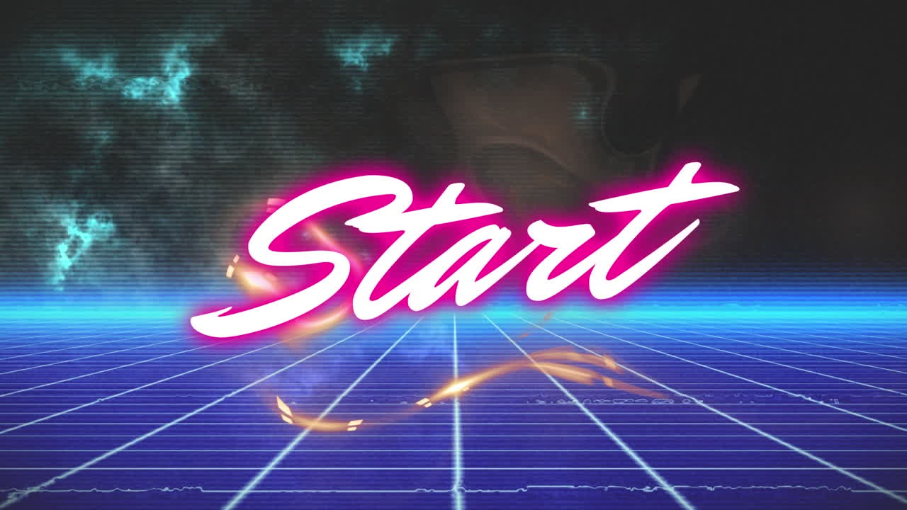 검은 바탕에 디지털 사각형 위에 시작 텍스트의 애니메이션