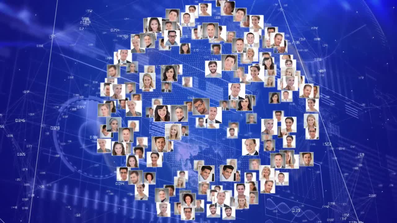 composición digital de un globo de iconos de perfiles múltiples que giran contra la interfaz digital con datos