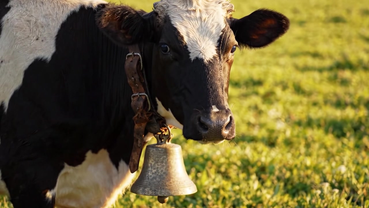 Una vista ravvicinata di una mucca curiosa con un campanaccio in mezzo a rigogliosi pascoli verdi, che mostra il suo caratteristico manto bianco e nero in un ambiente di fattoria soleggiato.