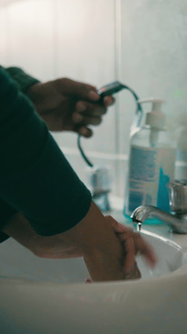 Persona che si lava le mani nel lavandino del bagno tenendo uno smartwatch