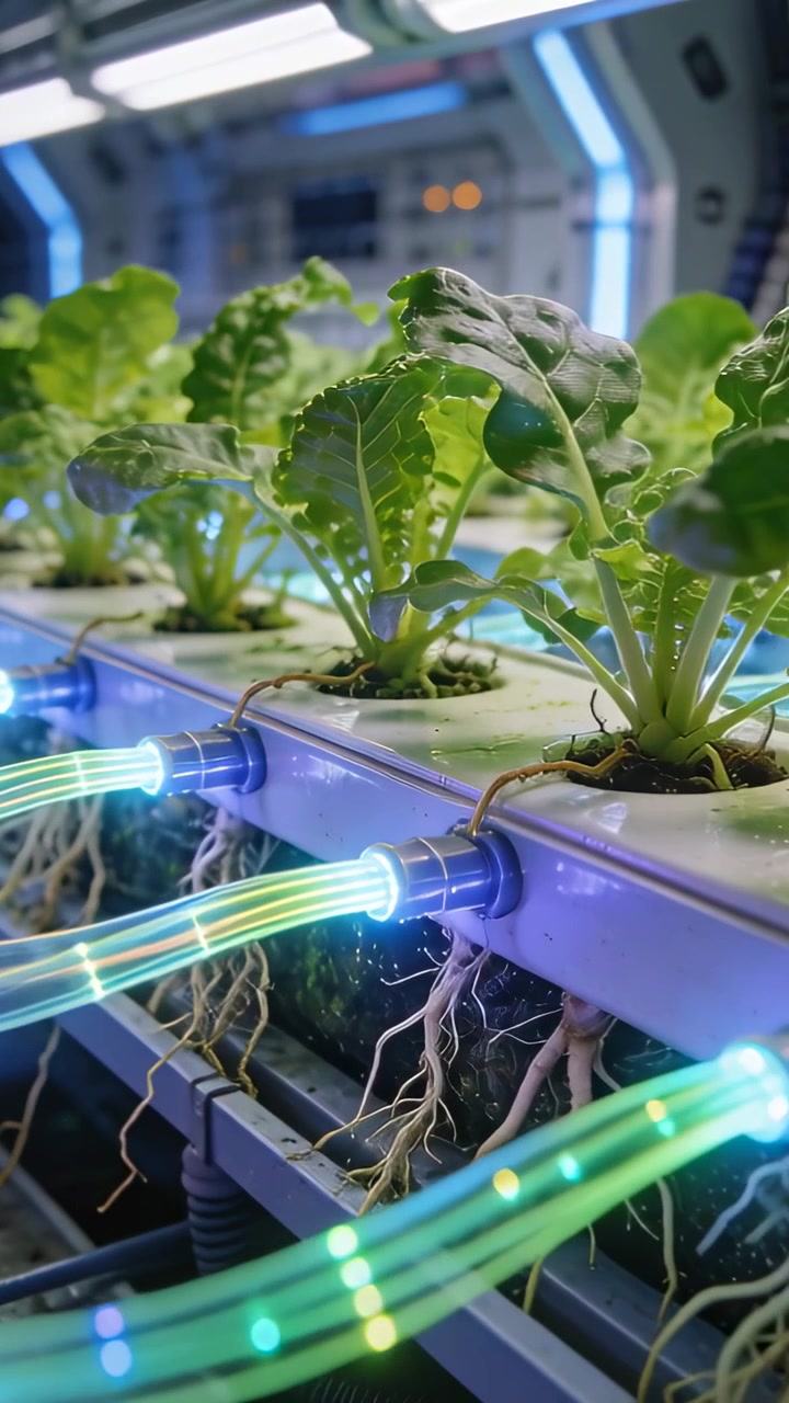 Video verticale: Rivelando verdure a foglia idroponiche, telecamera che si muove lungo la scaffalatura mostrando tubi luminosi