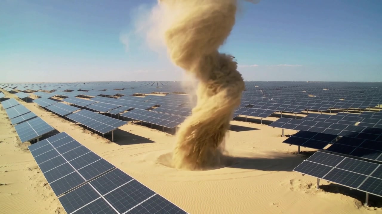 Spinning dust devil forming and intensifying among solar panels on sandy plain, gusts kicking sand