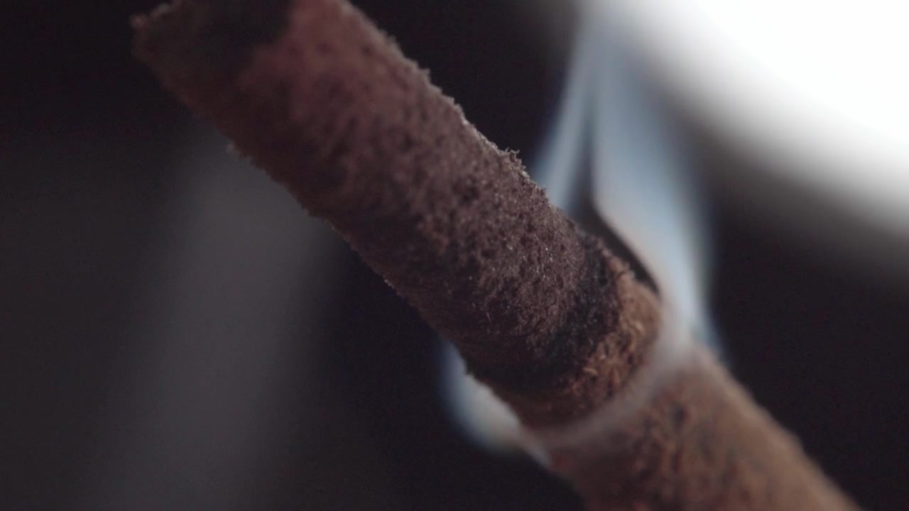 Vista macro di un bastoncino d'incenso fumante che rilascia volute di fumo, evidenziando la texture della cenere bruciata, il processo di combustione e il dettaglio aromatico su sfondo sfocato.