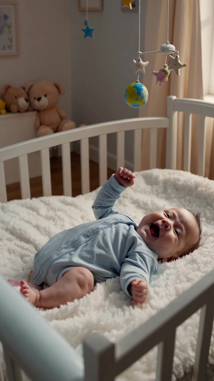 Happy Baby Lying in Crib and Looking at Mobile
