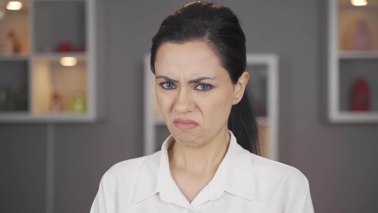 mujer haciendo muecas mirando a la cámara. asco.