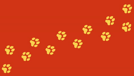 animation: a trail of yellow footprints on an orange background, a dog walking alone on a path going from left to right