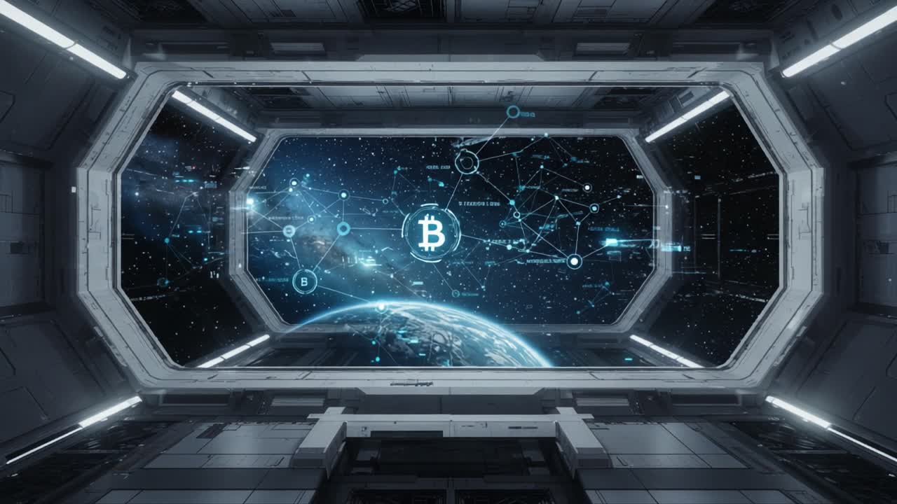 Futuristic Space View Depicting Cryptocurrency Blockchain Connections and Earth in the Background through a High-Tech Window Interface