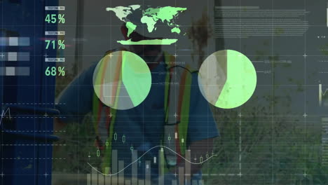 animation of financial data processing over caucasian male worker and construction site