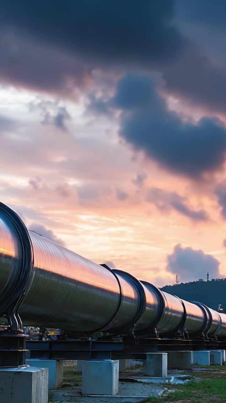 Una moderna pipeline che si crogiola sotto un bellissimo cielo al tramonto, catturando l'intersezione tra tecnologia e natura in immagini mozzafiato.