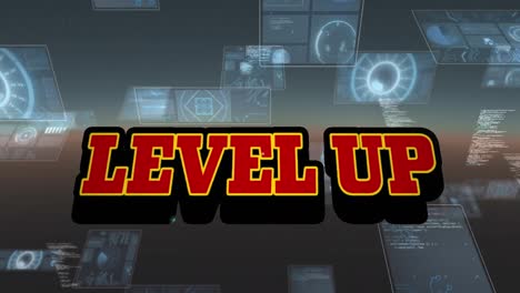 animation of level up text and digital screens on black background