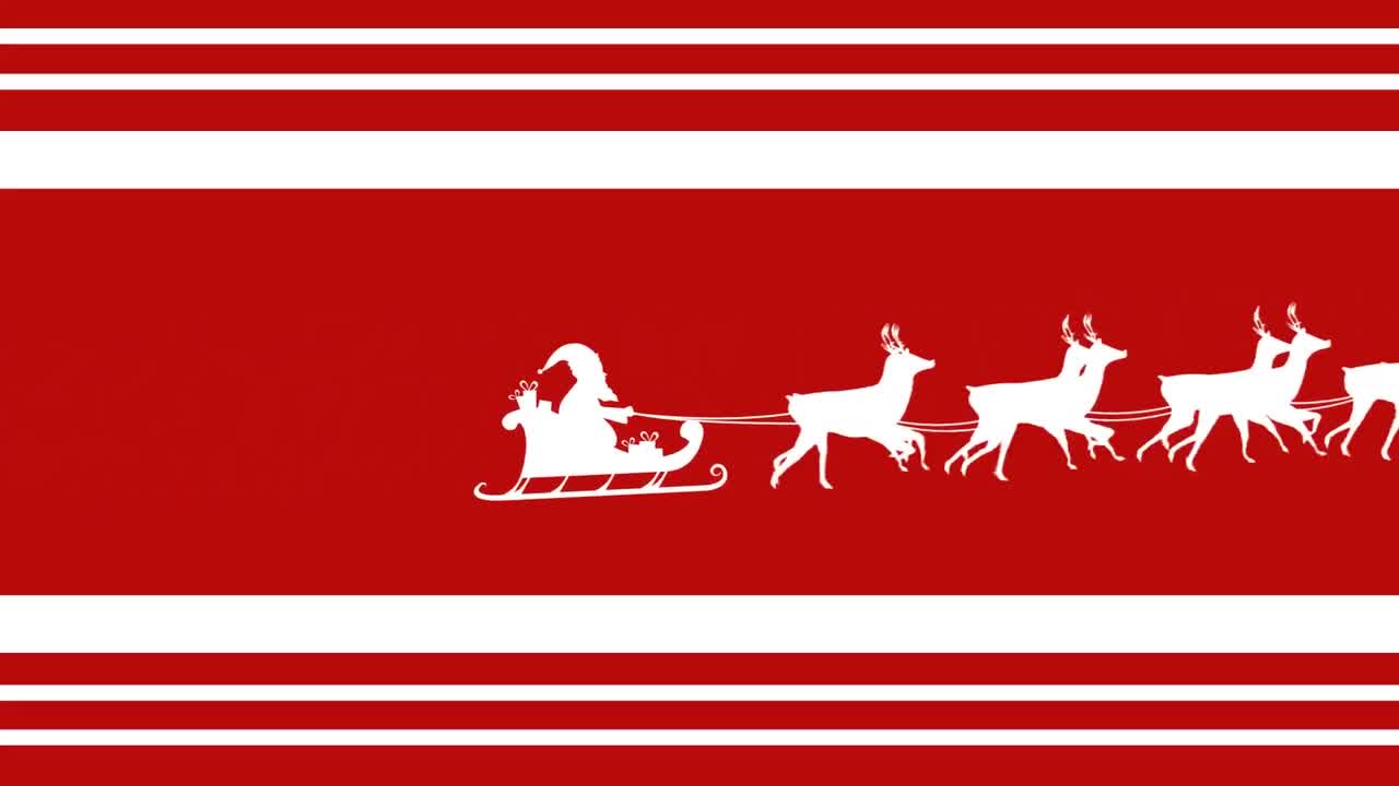 Animation santa claus in sleigh with reindeer moving on red striped christmas background