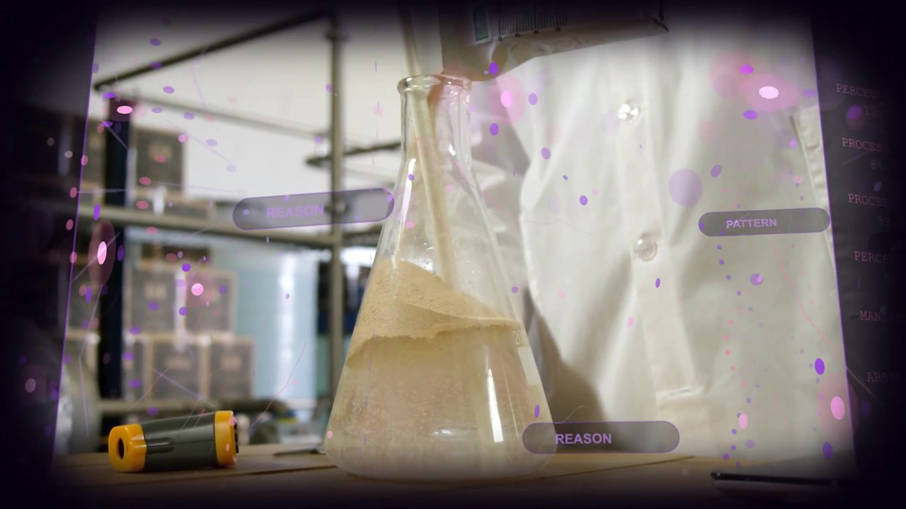 Vertical video: Showing AR tags urging whitecoat tech testing flask at lab bench with yellow torch