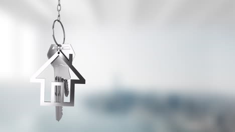 house-shaped keychain with keys animation over blurred background