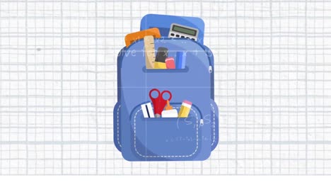 animation of mathematical equations and school backpack icon on white background