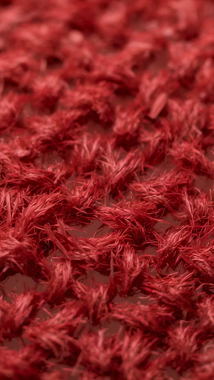 Vertical video: Pulling focus macro lens revealing red yarn knots on studio table, showing texture