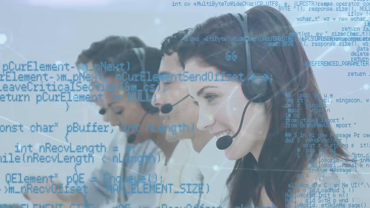 Animation of connected dots, computer language, diverse customer representatives using computer